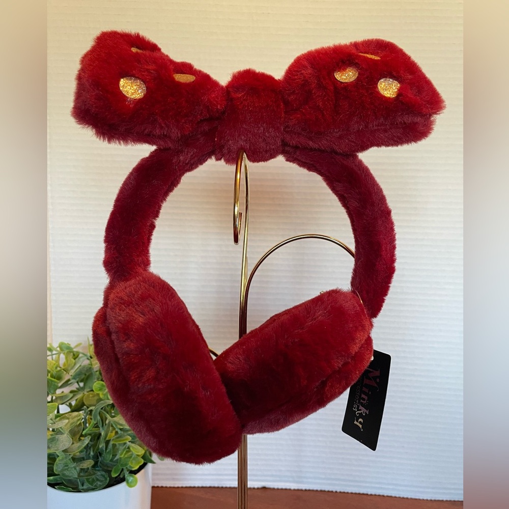 Earmuffs, Burgundy With A Bow On Top That Has Golden Glitter Polka Dots. NWT